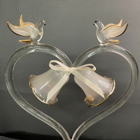 Doves & Wedding Bells Decor Cake top Handblown Glass Sculpture Clear w/Gold Trim - Picture 2 of 8